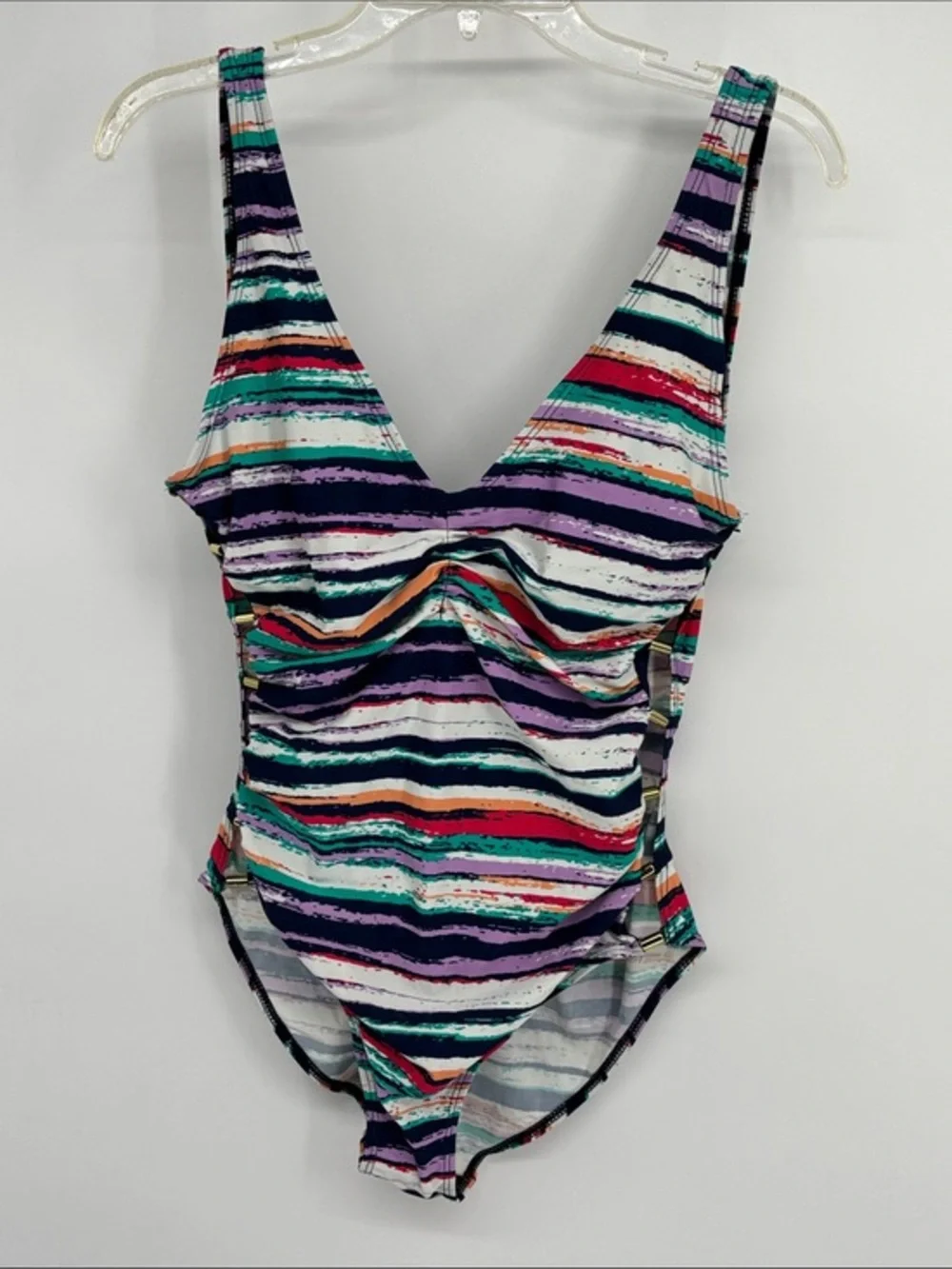 Beach Party side gold beading and plunge  back NWT lined swimsuit size 10